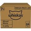 Whiskas Senior 7 + cibo umido per gatti a scelta in gelatina, 84 sacchetti per porzioni, 84 x 85 g (1 confezione grande), cibo per gatti bagnato di alta qualità, per gatti dai 7 anni in su