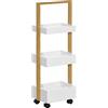 HOMCOM Carrello portaoggetti a 3 livelli per bagno e cucina 28 x 18 x 75 cm in bambù e legno bianco con rotelle