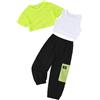 HEOXIN Set di abbigliamento per bambina, 3 pezzi Top corto a maniche corte in rete neon traforata, canotta senza pantaloni da lavoro estivi sottili con tasche, abiti da ballo, verde, 6-7 anni