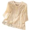 Generic Top ricamato floreale per le donne camicie in cotone lino camicie boho stile etnico camicette scollo a V Button tunica maglietta, Beige, XXL