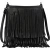 Big Handbag Shop Elegante borsa a tracolla da donna con frange e nappe - Borsa a tracolla in ecopelle con tracolla lunga - Dakota, Nero