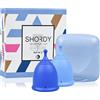 SHORDY Set di 2 tazze mestruali (Small + Large) con scatola, coppetta mestruale flessibile e posacenere per periodo, protezione fino a 12 ore, alternativa ecologica a tamponi, dischi, pastiglie (blue)