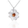 AMBEDORA Collana da Donna con Quadrifoglio, Argento Sterling Lucidato, Ambra Baltica Color Cognac, Ciondolo con Catena, Regalo Per sé, Per la Famiglia e Per Gli Amici