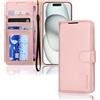 TECHGEAR Cover iPhone 15 - Custodia Portafoglio in Pelle Sintetica con TPU Antiurto, Funzione di Supporto con Slot per Schede e Cinturino da Polso per iPhone 15 (6,1 Pollici 2023) rosa