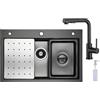 CECIPA Lavello da cucina, da 70 x 45 cm, con rubinetto estraibile X203B, in acciaio inox, nero, incl. dispenser di sapone e sifone, lavello interno di ricambio e tagliere