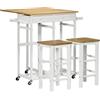 HOMCOM Set tavolo da bar, carrello da cucina, tavolo da cucina, pieghevole, ruote + 2 sgabelli, bianco e legno chiaro, 2 cassetti e portastrofinacci