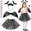 JIASHA 4 pezzi Halloween Costume Pipistrello Ragazza,Kit Pipistrello Ragazza,Costume Carnevale Pipistrello Bambina,con Cerchio per Capelli,Gonna Tutù Viola, Ali e Borsa,per Halloween Cosplay (A)
