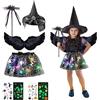TZQFROCE - Costume da strega per bambine, Halloween, con luci, costume da pipistrello con cappello da strega, nero, volo angelico