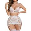 Aranmei Lingerie Sexy da Donna Reggiseno 3 Pezzi in Pizzo Cattivo e Minigonna con Set di Lingerie Perizoma Bianco M