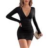 Hanaoops Vestito Donna Sexy Maniche Lunghe Mini Abito Scollo a V Elegante Bodycon Corto Vestito da Sera Nero Aderente Fasciato Abiti per Discoteca Cocktail Party Tubino Autunno Inverno
