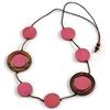 Avalaya Collana lunga in corda di cotone con perline rotonde rosa/marrone, lunghezza 86 cm, regolabile