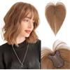 SEGOHAIR Topper per capelli umani con frangia, a doppio strato, cucito a mano, copertura 360°, frangia con clip, naturale, traspirante, 28 cm, castano castano, 21 g