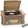 Denver Lettore di cassette CD Bluetooth 8 in 1, in legno, stile retrò, sistema HiFi, giradischi e cassette in vinile a 3 velocità con lettore CD, radio FM/AM, registrazione USB MP3, AUX IN e uscita