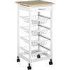 HOMCOM Carrello da cucina, 4 cestini in metallo + cassetto, carrello di servizio, per piccolo spazio, bagno, soggiorno, cucina, ufficio, telaio in legno di pino, bianco
