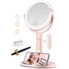 MOMOKUBA Specchio cosmetico con illuminazione, specchio da trucco con illuminazione, regolabile in altezza, specchio ingranditore con luce 20 volte, girevole a 360°, 3 colori rotondi con luce rosa