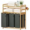 XMHome Cesto portabiancheria rettangolare in bambù a 3 scomparti, 148L | Portabiancheria con doppio ripiano,con sacchetto portabiancheria rimovibile,bagno,camera da letto e lavanderia,Grigio Scuro