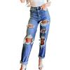 ZDJSWJ Jeans tagliati rotti da Donna Jeans a Vita Alta Slim ondulati Pantaloni in Jeans Stretch Skinny, Blu profondo, M