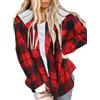Asiertiy Camicia da donna in flanella a quadri di bufalo, a maniche lunghe, colletto con bottoni, top leggero (S-2XL), Plaid rosso (felpa con cappuccio in tessuto spesso), XX-Large