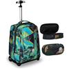 Invicta Trolley Scuola Benin Fantasy, Blu e Verde, 2 in 1, Con Spallacci Uso Zaino, Tasca porta Borraccia e Porta Laptop, Scuola & Viaggio, Ragazzi + BUST R.PLUS GREEN CAMO