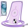 Coalbooliy Cover Magnetica per iPhone 15 con Cordino,Compatibile con Mag-Safe, Custodia Traslucida Opaca Posteriore Sottile Antiurto con Laccio Collo Tracolla Corda Cinghia Case,Viola
