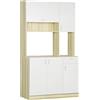 HOMCOM Mobile Buffet a 4 Porte per Cucina con 3 Armadietti, Cassetto, Pensile e Piano d'Appoggio in Truciolato, 102x48x180cm, Bianco e Color Legno