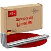 LouMaxx Gancio a vite dritto con fessura 5,8 x 60 mm - 25 pezzi viti a gancio, gancio a vite in acciaio zincato, portata 50 kg, antiruggine per esterni, montaggio affidabile in legno, cemento