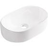 Aqua Uno AQUAUNO - Lavabo da appoggio RITA 56 x 35,5 cm, ovale, in ceramica bianca, senza foro per rubinetto e troppopieno, in ceramica sanitaria