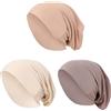 OhMill 3 PZ Turbanti Donna Hijab Musulmano Tinta unita Turbante Islamico in Seta di Latte Spazzolato Berretto Musulmano Elastico Base Turbante Breve Capelli Confortevoli, beige + rosa carne + cammello