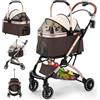 Gimars Passeggino Pieghevole per Cani Gatti 4 in 1 fino a 20 kg, Passeggino Cane con Trasportino Staccabile Cestello, Ruote Anteriori 360°, Parapioggia Freni Portabicchieri Cestino Portaoggetti, Cachi