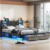YNYHTER Letto matrimoniale 160 x 200 con LED, letto matrimoniale con cassetti, letto con USB e luce LED Telaio per letto in metallo con stazione di ricarica e testiera in legno PU rivestito, senza