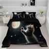 JEDTAKCT Trapunta Singolo Per Bambini, Con Stampa Gatto Carino, Trapunta 4 Stagioni, Luna Piena E Cielo Stellato, Piumone Nero, Letto 140X200 Federa, Reversibile Piumino Senza Copertina
