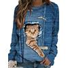 Onsoyours Donna Invernale Corto Felpa Donna Maglione Gatto Carino Stampa Animalier Stampa 3D Modello di Gatto Girocollo A Righe Maglione Lungo Maglione Famiglia Manica Lunga J Blu XL