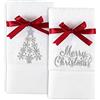 Quera Albero di Natale, confezione da 2 asciugamani ricamati (35,6 x 76,2 cm), lussuosi e ultra morbidi, 100% cotone, decorazione per il bagno, set bianco e argento con scritta Merry Chritmas.