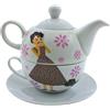 Dekohelden24 Porzellankanne, teiera, set da tè Tea for one, teiera da servizio, teiera retrò, servizio da tè, tazza da tè con teiera, set di teiere donna con tazza da tè in porcellana color grigio, L/L/A 15 x 15 x