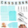 GOTDYBST 110 accessori per candy bar, contiene 100 sacchetti per caramelle e 4 pinze per zucchero con punta rotonda, 2 pala per candybar e 3 fogli adesivi e 1 ghirlanda decorativa blu, adatta per feste (blu)