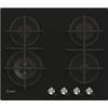 Candy CDK6GF4WEKB Piano Cottura, 4 Fuochi, Gas su Vetro Temperato, Griglie in Ghisa, Bruciatore a Doppia Corona, Manopole Inox, 59,5x51x9,5 cm, Nero