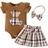 HEOXIN Abbigliamento Neonate, Tutina con Maniche Corte e Volant Motivo a Orsetti + Gonna a Quadri + Fascia Capelli, Pagliaccetti Neonata Estivi Completo Estivo Bambina, Marrone 3-6 Mesi