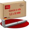 LouMaxx Gancio a vite dritto con fessura 5,2 x 50 mm, 25 viti a gancio, gancio a vite in acciaio zincato, portata 40 kg, antiruggine per esterni, montaggio affidabile in legno, cemento, cartongesso