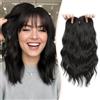 FLYROSEING - Parrucche con base larga da 16,5x16,5 cm, con frangia, da donna, clip per capelli corti, 35,6 cm, colore marrone scuro, ondulati, capelli sintetici