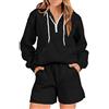Onsoyours Completo Sportivo Donna Tuta da Ginnastica 2 Pezzi Felpa con Cappuccio con Zip+ Pantaloncini a Vita Alta Sportwear per Yoga Jogging Fitness Streetwear A Nero XS
