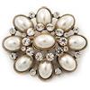 Avalaya Spilla vintage in metallo dorato anticato con perle finte e strass, lunghezza 5,5 cm, perla