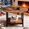 VERFARM Tavolino rotondo per soggiorno, tavolino da caffè in legno marrone rustico con scaffalatura, 2 ripiani, tavolo moderno con telaio in metallo, mobili per la casa, marrone vintage