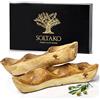 SOLTAKO Piatto da antipasti in legno d'ulivo - Set di 2 vassoi da aperitivo con 3 scomparti - Piatto da portata - Ciotola in legno grezzo per snacks, formaggi, salse, affettati - ca. 34x10 cm