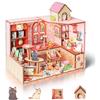 Cuteefun Miniature Casa delle Bambole, Kit da Casa di Bambole in Legno con LED, Struttura a Incastro, Facile da Assemblare, Regalo per Compleanni, Natale e Halloween (Casetta per Gatti)