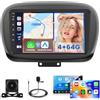 Hikity 4G+64G Autoradio Android 15 per Fiat 500X 2014 2015 2016 2017 2018 2019 2020 Stereo Auto 2 Din Wireless Carplay Android Auto 9 Pollici Touchscreen con GPS WiFi FM/RDS 32EQ Camera MIC