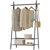 eSituro Stand Appendiabiti da Terra Moderno Scaffale Porta Abiti da Camera con Ganci e Scarpiera a 2 livelli, Attaccapanni Ingresso in Metallo Nero