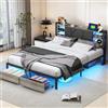 JiaOyu Letto imbottito 140 x 200 cm con illuminazione a LED e porta di ricarica USB, letto matrimoniale in metallo con 2 cassetti, letto per ragazzi con rete a doghe in metallo resistente, nero (tipo