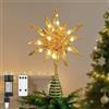Lewondr Cima per Albero di Natale a Stella, 11 con Alimentazione a Presa e Telecomando Cima Geometrica 3D Illuminata per Decorazioni Natalizie, Funzione Timer e Cavo da 5m, Luce Calda, Oro