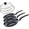 Elo 9807850 - Set di 3 padelle in alluminio e 3 coperchi di cottura in vetro, padella per tutti i fuochi, tranne induzione, padella da cucina, padella senza Pfas, alluminio, acciaio inossidabile,