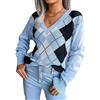 Ejoyous Maglione da Donna a a Rombi Casual a Maniche Lunghe con Scollo a V Maglione Lavorato a Maglia Stile E, Blu, S